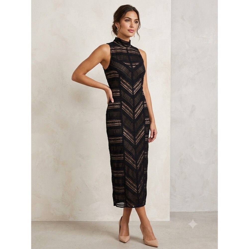 Cinq a Sept Nile Lace Midi Dress Black Elegant Formal Cocktail Sz 12 Romantic